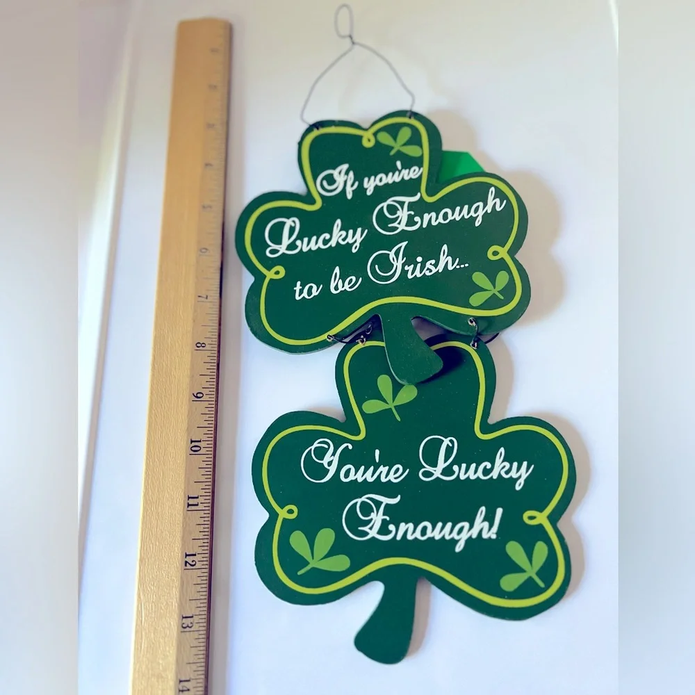 Two Kelly Green Irish Decorations Featuring Shamrocks and Witty Verbiage.